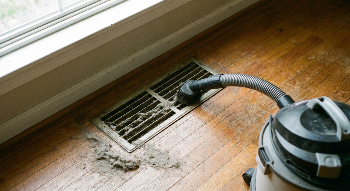 A photo of a floor return air grille with a vacuum hose cleaning dust from the slats