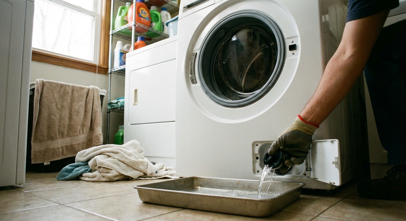 A photo of a front-load washing machine with the small lower access panel open, a shallow pan on the floor catching water, and a hand twisting out the drain filter cap, laundry room scene