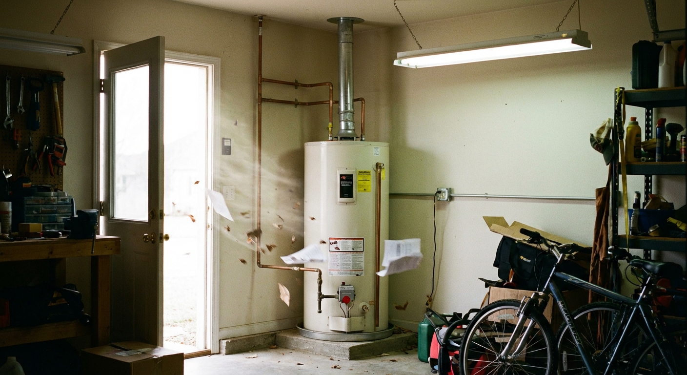 A photo of a gas water heater installed in a garage with the access panel on, and a nearby open exterior door creating visible daylight and airflow toward the heater area, realistic indoor lighting