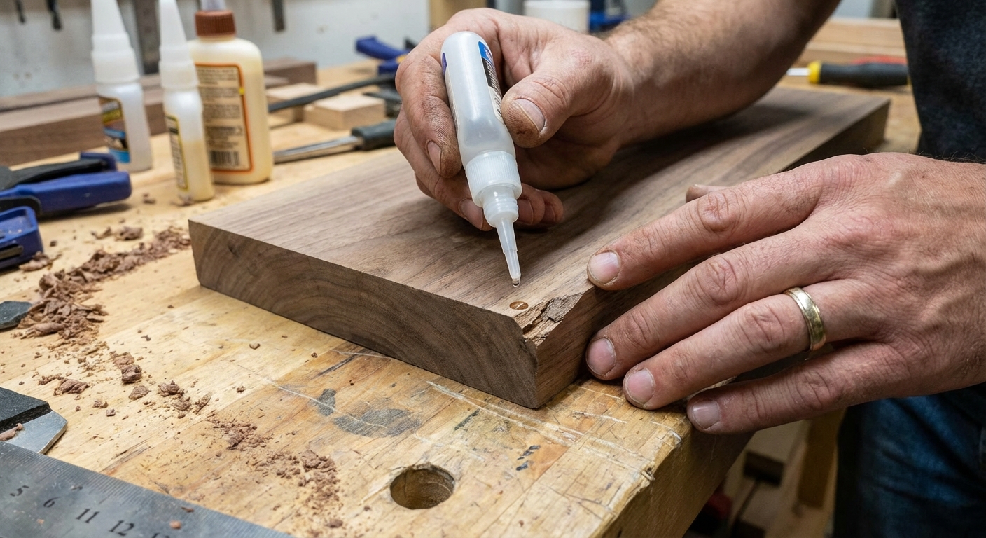A photo of a hand applying a small drop of CA glue to a chipped wood corner on a workbench