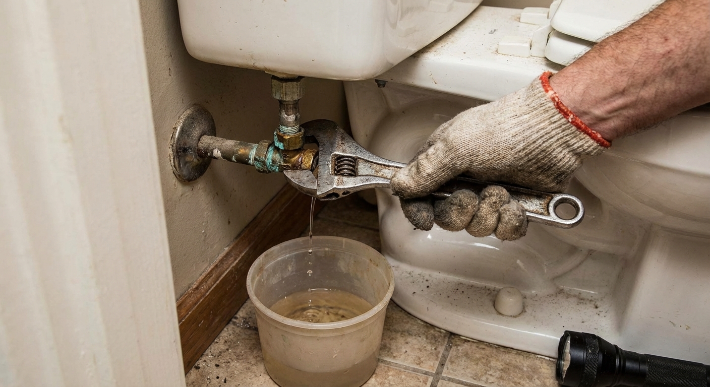 A photo of a hand using an adjustable wrench to loosen the toilet supply line nut under the toilet tank with a small bucket on the floor