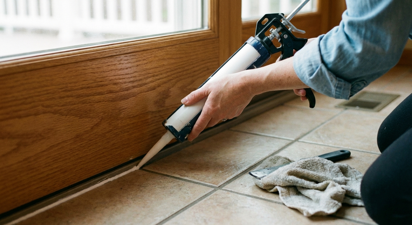 A photo of a homeowner applying a thin bead of caulk along a kitchen baseboard where it meets the floor, caulk gun in hand, close-up view