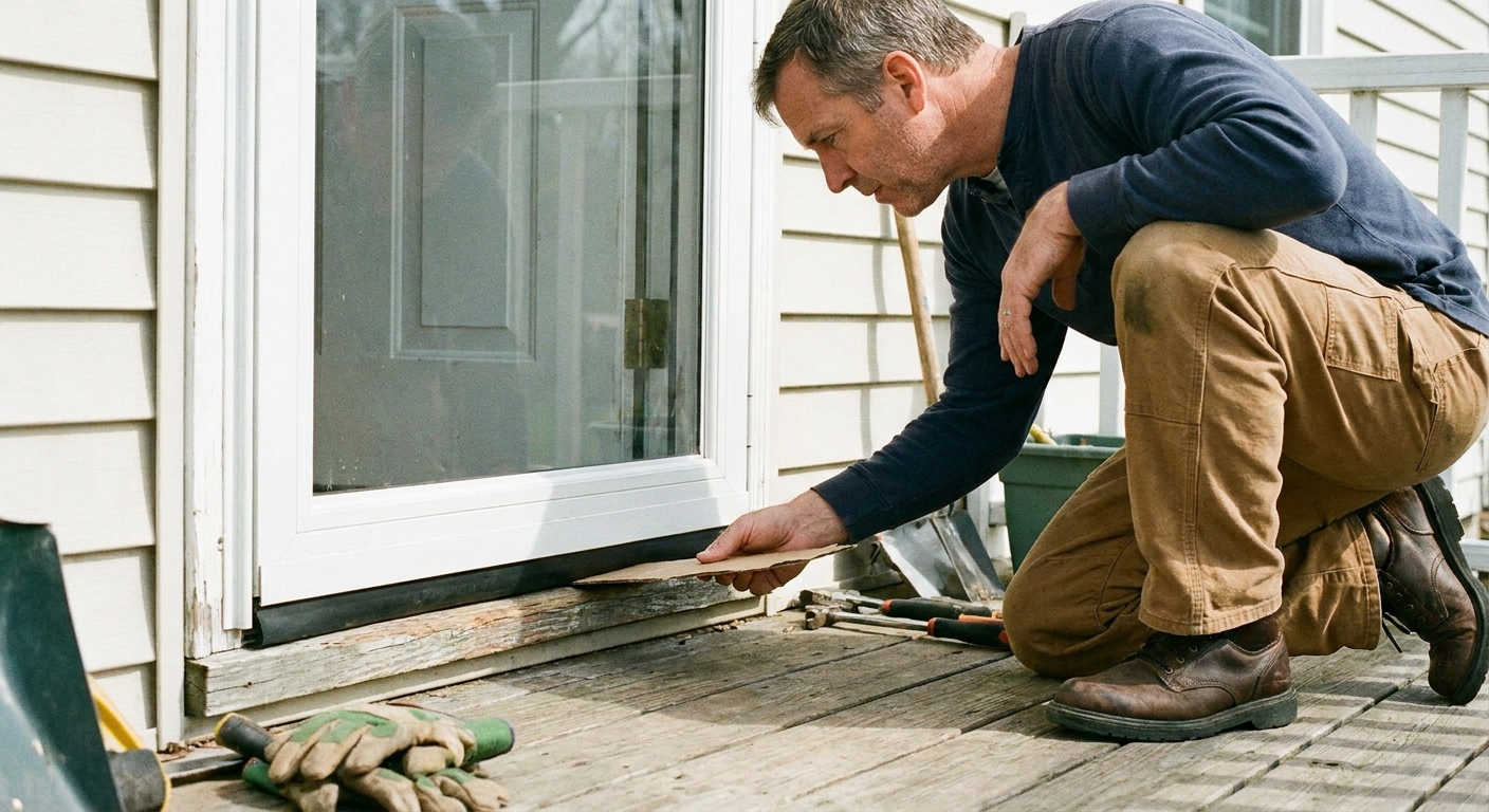 A photo of a homeowner checking clearance at the bottom sweep of a storm door near a threshold with a thin piece of cardboard