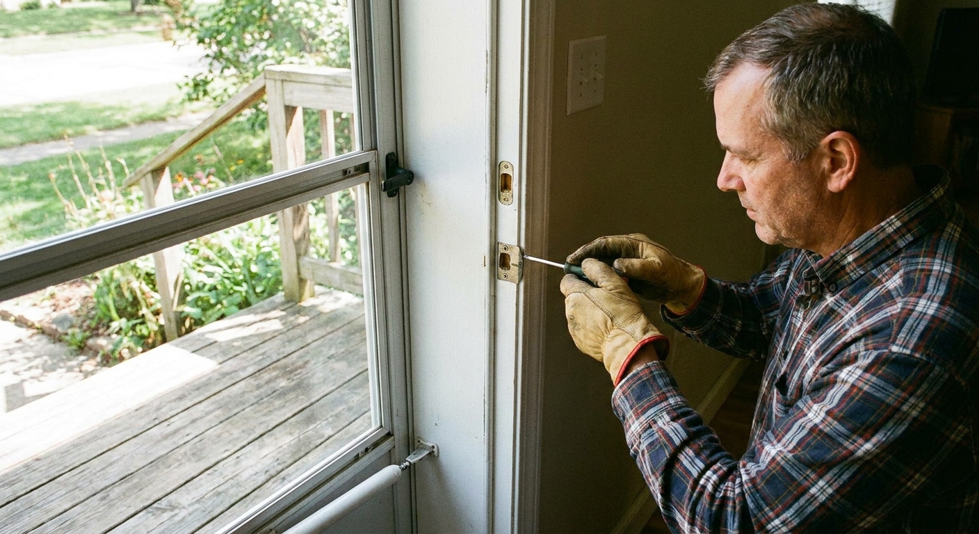 A photo of a homeowner loosening the screws on a storm door striker plate with a screwdriver on a white door jamb