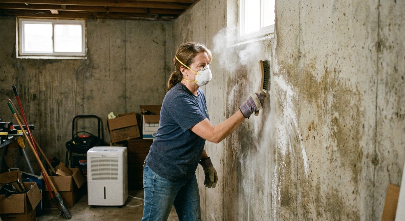 A photo of a homeowner wearing gloves and a dust mask using a stiff brush to remove white efflorescence from a concrete basement wall