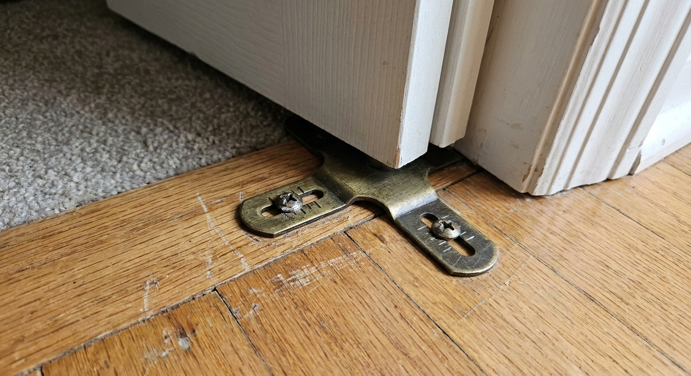 A photo of a metal bifold door floor bracket with two screws in slotted holes installed on a hardwood floor at the closet opening