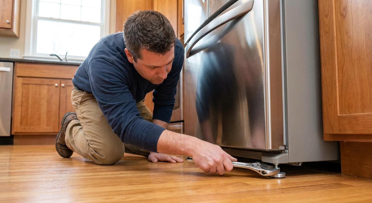 A photo of a person adjusting a refrigerator front leveling foot with a wrench at the bottom edge of the appliance