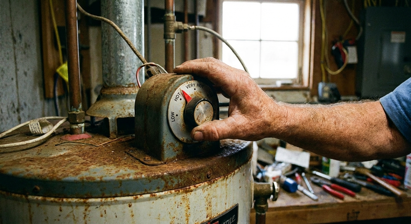 A photo of a person turning a water heater temperature dial with their hand