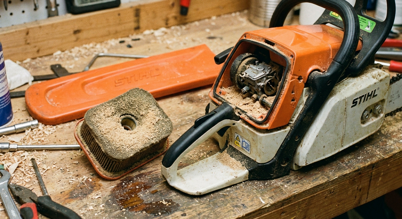 A photo of a removed chainsaw air filter sitting on a wooden workbench next to the saw’s open airbox, showing sawdust buildup
