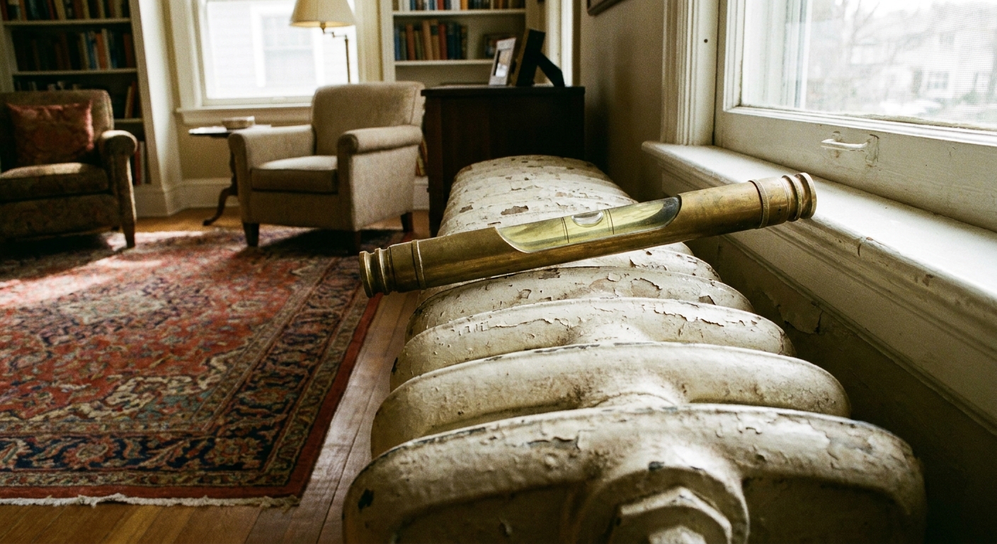 A photo of a small bubble level resting on the top ribs of a cast iron radiator in a living room, showing a slight tilt