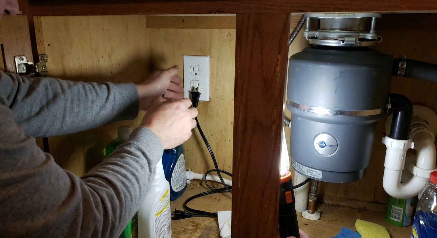 A photo of a standard electrical outlet inside a kitchen sink cabinet with a garbage disposal plug nearby