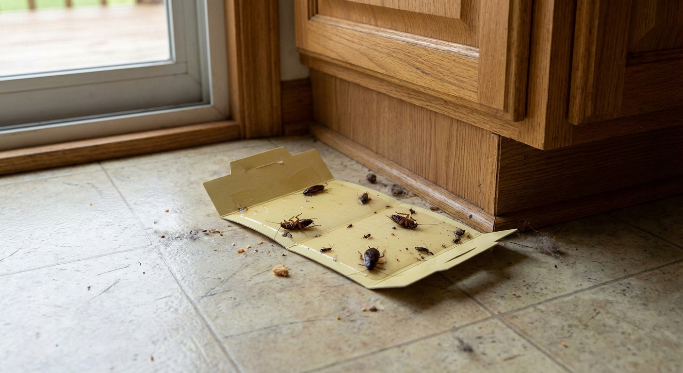 A photo of a sticky glue trap on a kitchen floor near a cabinet toe kick with a few captured cockroaches visible, natural indoor lighting