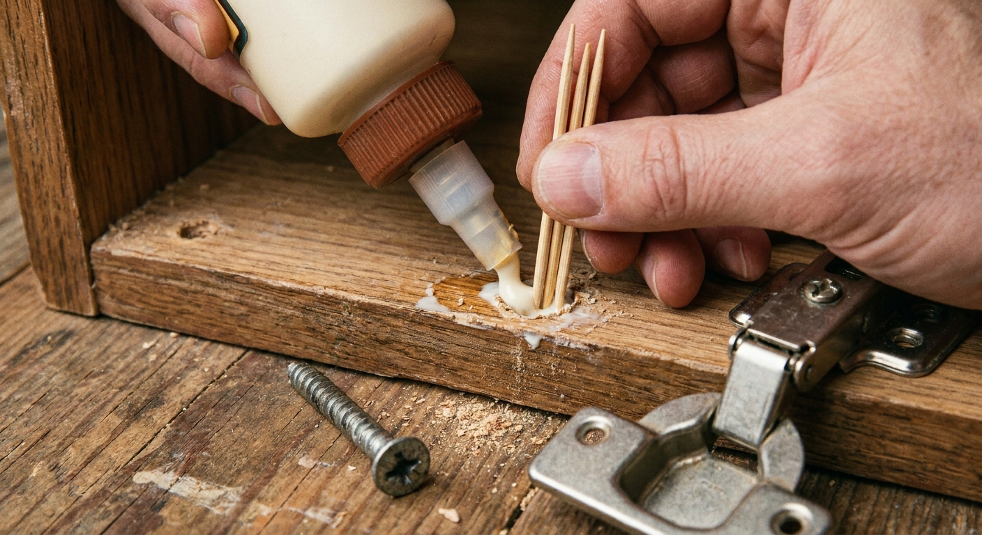 A photo of a stripped cabinet hinge screw hole being filled with wood glue and toothpicks before reinstalling the screw