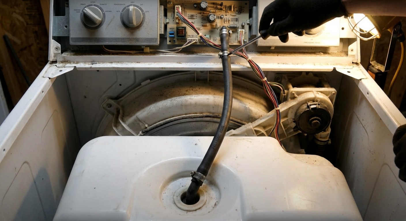 A photo of a thin rubber pressure hose running from the bottom tub area up to the control section inside a washing machine, photorealistic close-up repair scene