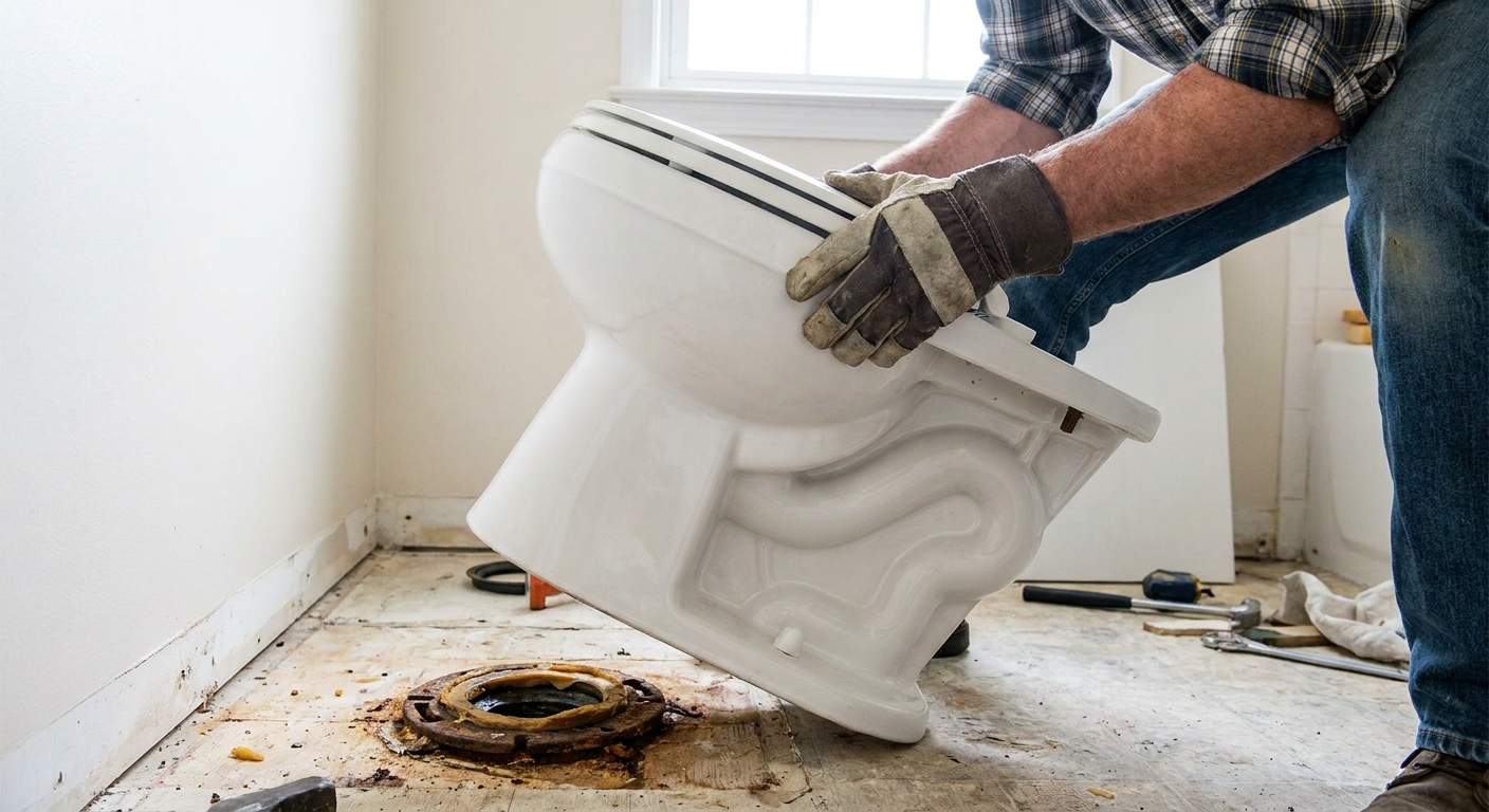 A photo of a toilet being lifted off the floor by an adult wearing work gloves, with the flange visible beneath it