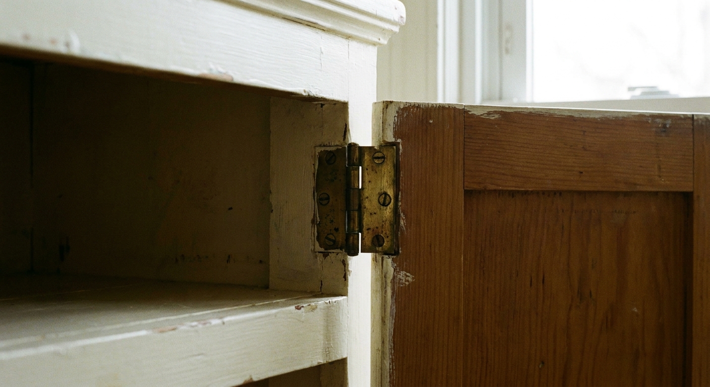 A photo of a traditional cabinet butt hinge mounted to a painted face-frame cabinet, door partially open