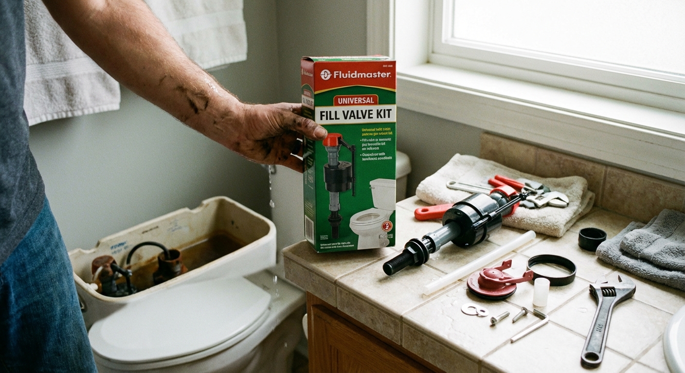 A photo of a universal toilet fill valve kit in a homeowner's hand next to an open toilet tank, with the parts laid out on a bathroom counter