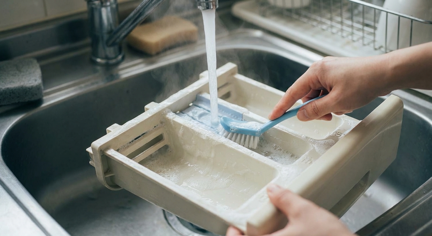 A photo of a washing machine detergent drawer removed and resting in a sink, with warm water running over it while a hand scrubs the compartments with a small brush, indoor lighting
