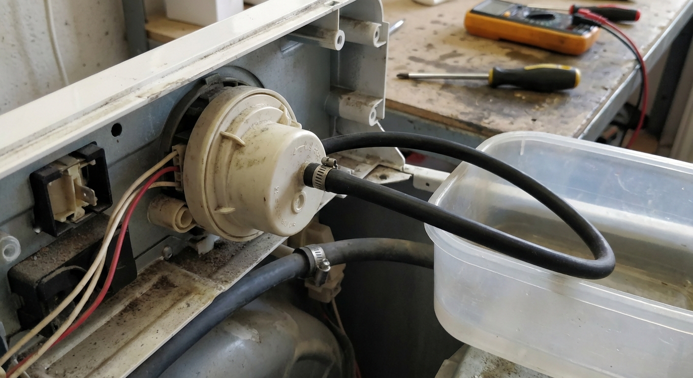 A photo of a washing machine water level pressure switch mounted inside the control area with a small rubber hose attached, photorealistic appliance repair scene