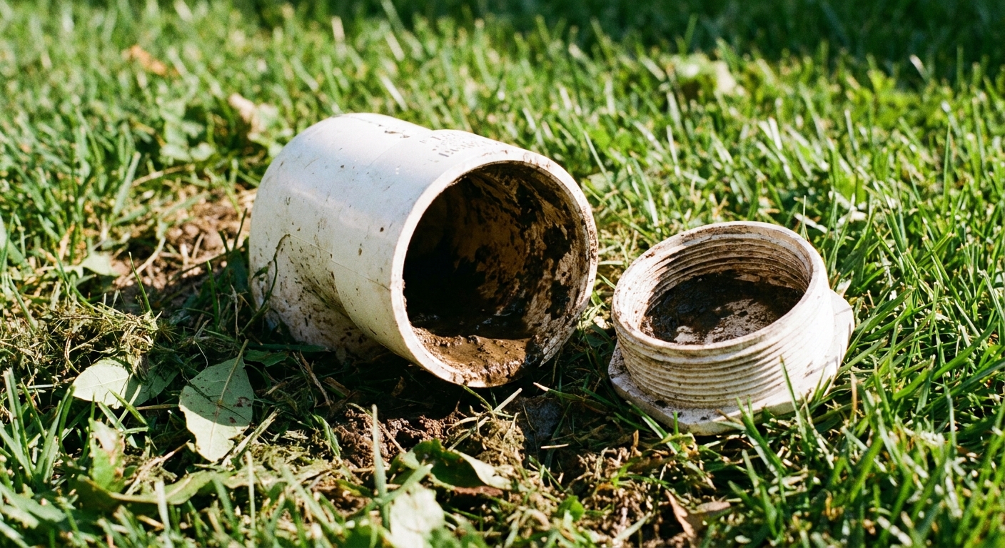 A photo of a white PVC cleanout pipe in a lawn with the threaded cap removed, showing the dark interior of the drain pipe