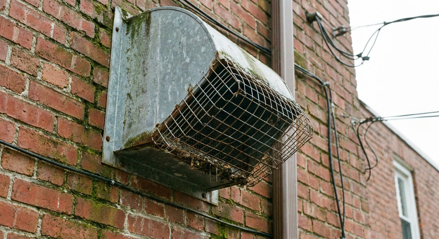 A photo of an exterior exhaust vent hood on a brick wall fitted with a metal bird guard that allows airflow