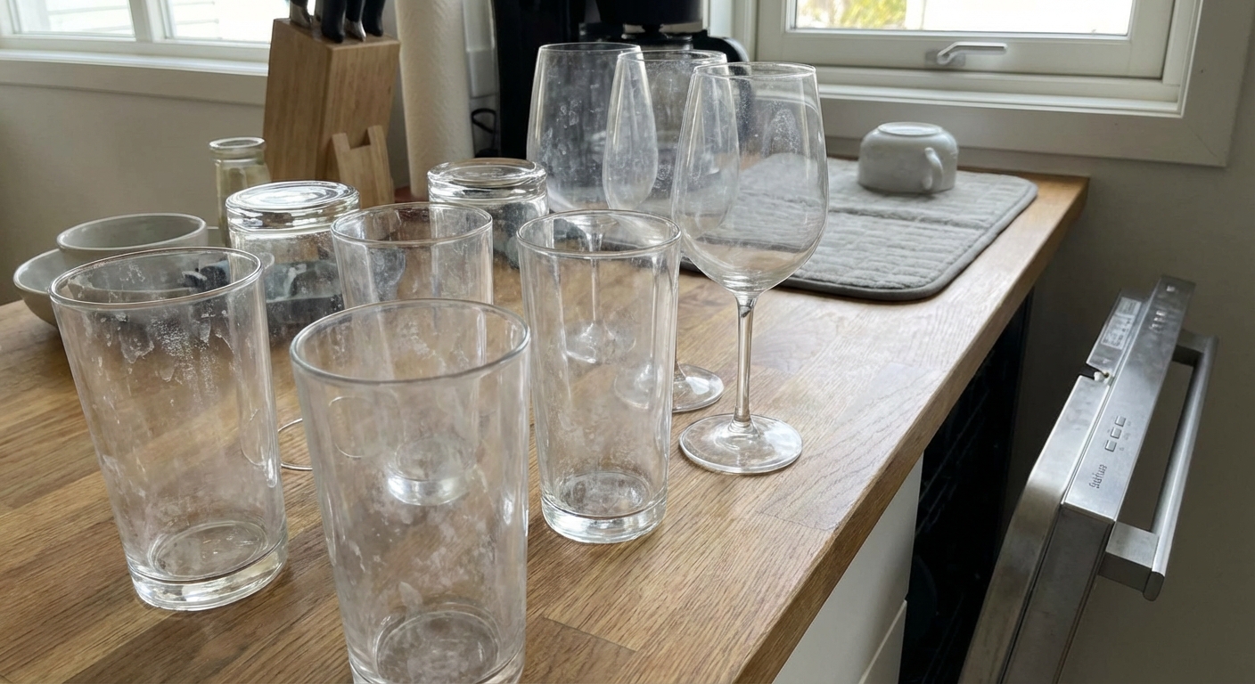 A photo of clean-looking drinking glasses with visible white mineral spots and cloudy haze sitting on a kitchen counter near a dishwasher, photorealistic