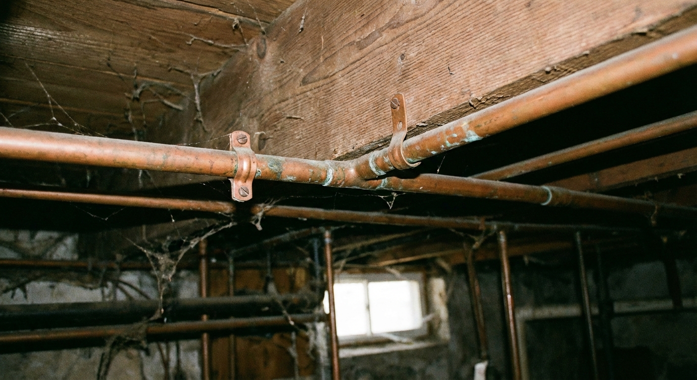 A photo of copper water pipes in a basement with a pipe strap securing them to a joist