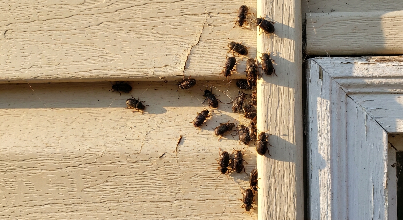 A photo of small beetles gathered on sunlit vinyl siding near a corner trim piece of a home