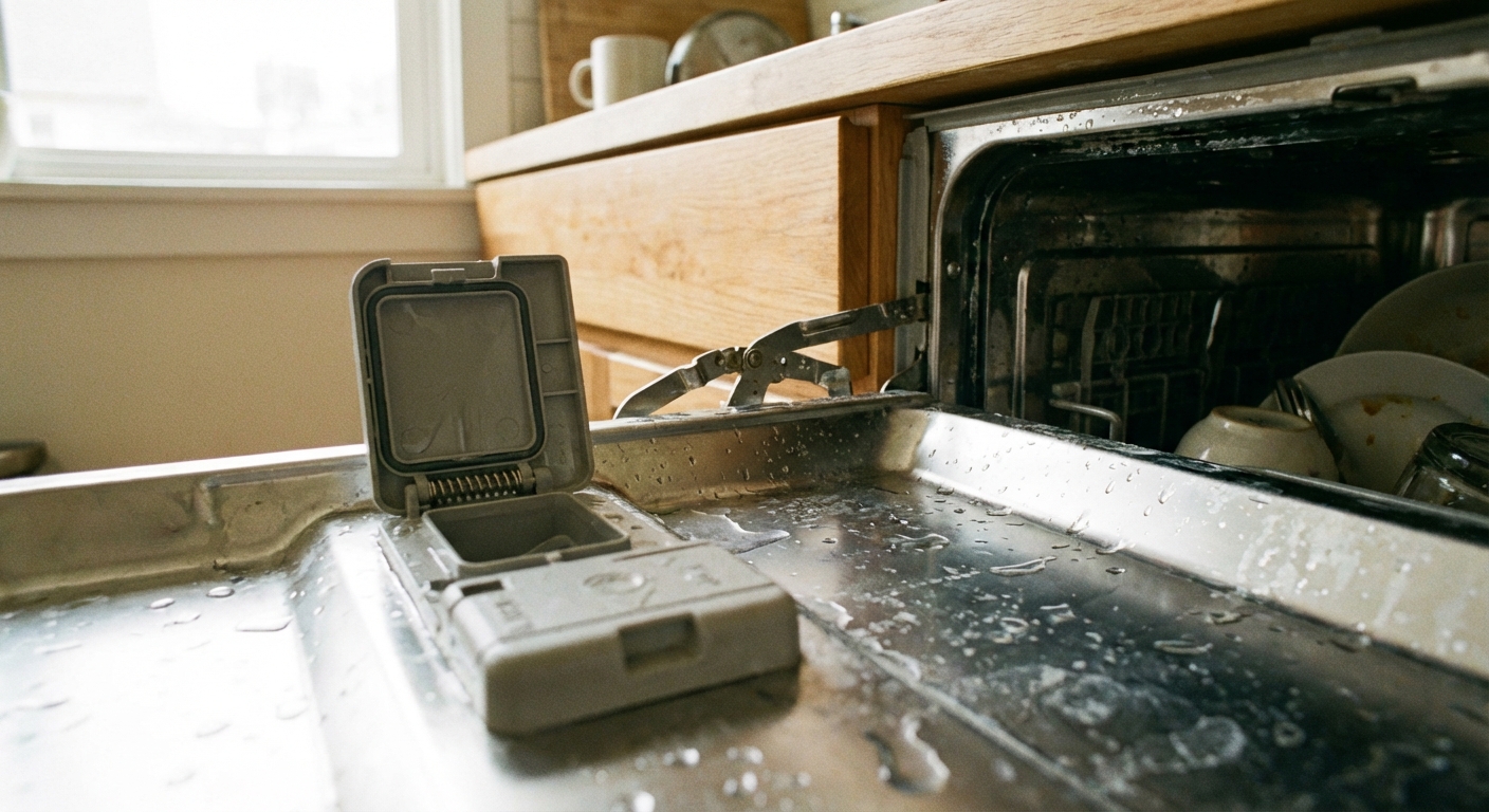 A photo of the inside of a dishwasher door with the detergent dispenser cup open, showing the latch and hinge area clearly, photorealistic kitchen lighting
