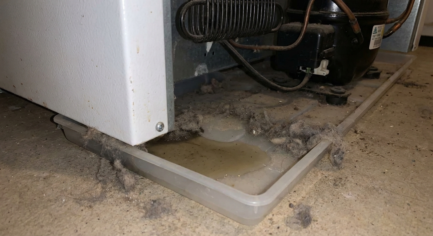 A photo taken from behind a refrigerator showing the plastic drain pan underneath with a small amount of water inside and dust buildup around it, photorealistic