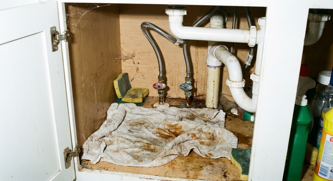 A photo taken inside a kitchen sink cabinet showing hot and cold shutoff valves and supply lines with a towel laid underneath