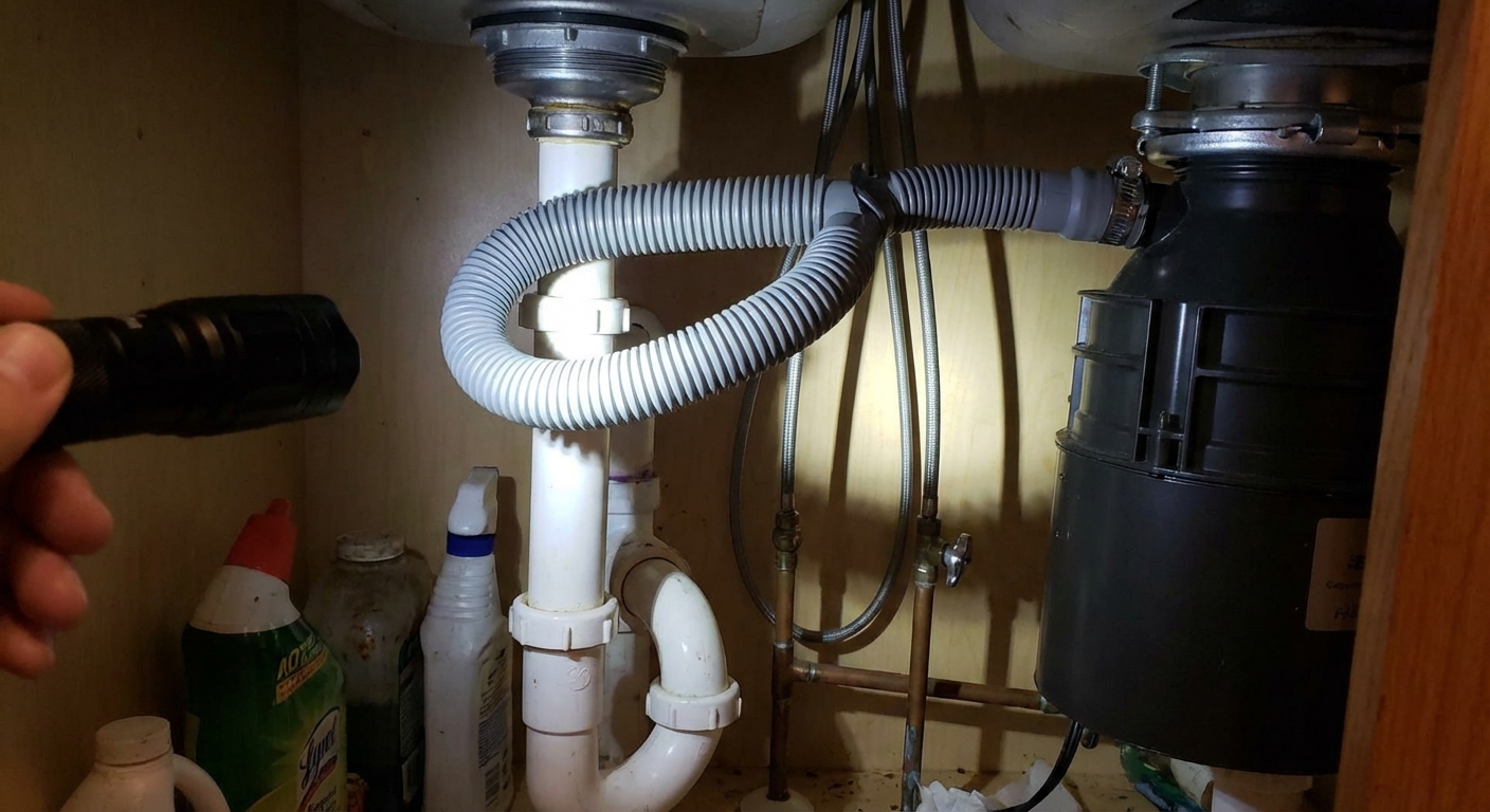 A photo under a kitchen sink showing a dishwasher drain hose looping up high and connecting to the garbage disposal inlet, with typical plumbing and a flashlight beam illuminating the area, photorealistic
