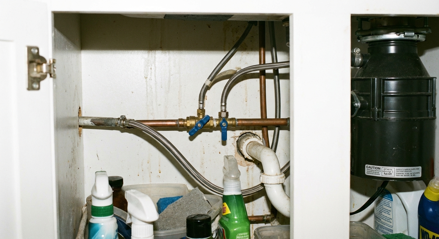 A photo under a kitchen sink showing a dishwasher shutoff valve and braided supply line connection, with the valve handle in the open position