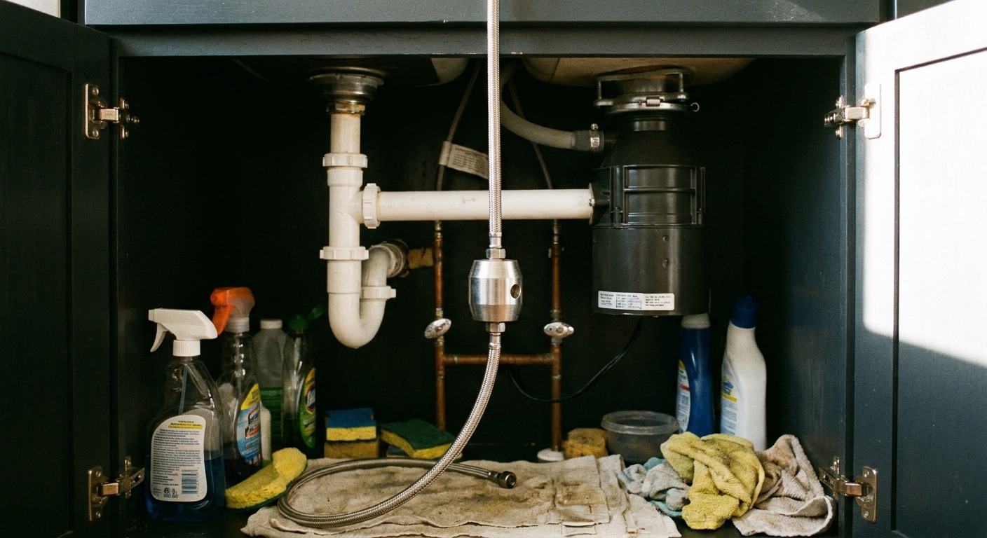 A photo under a kitchen sink showing a pull-down faucet hose with a metal counterweight hanging freely and not snagged on pipes