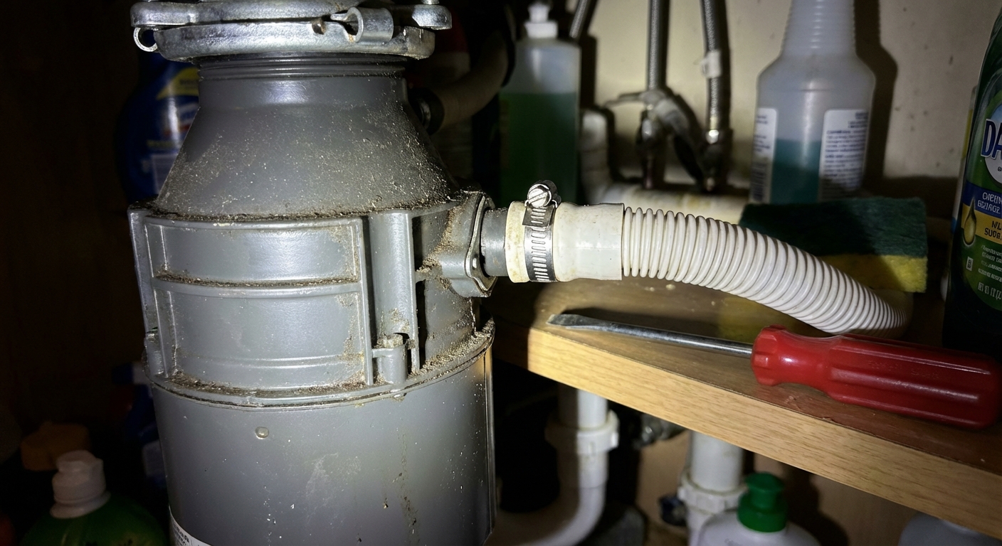 A photo under a kitchen sink showing the side inlet on a garbage disposal where a dishwasher drain hose connects, with a screwdriver and clamp visible, photorealistic