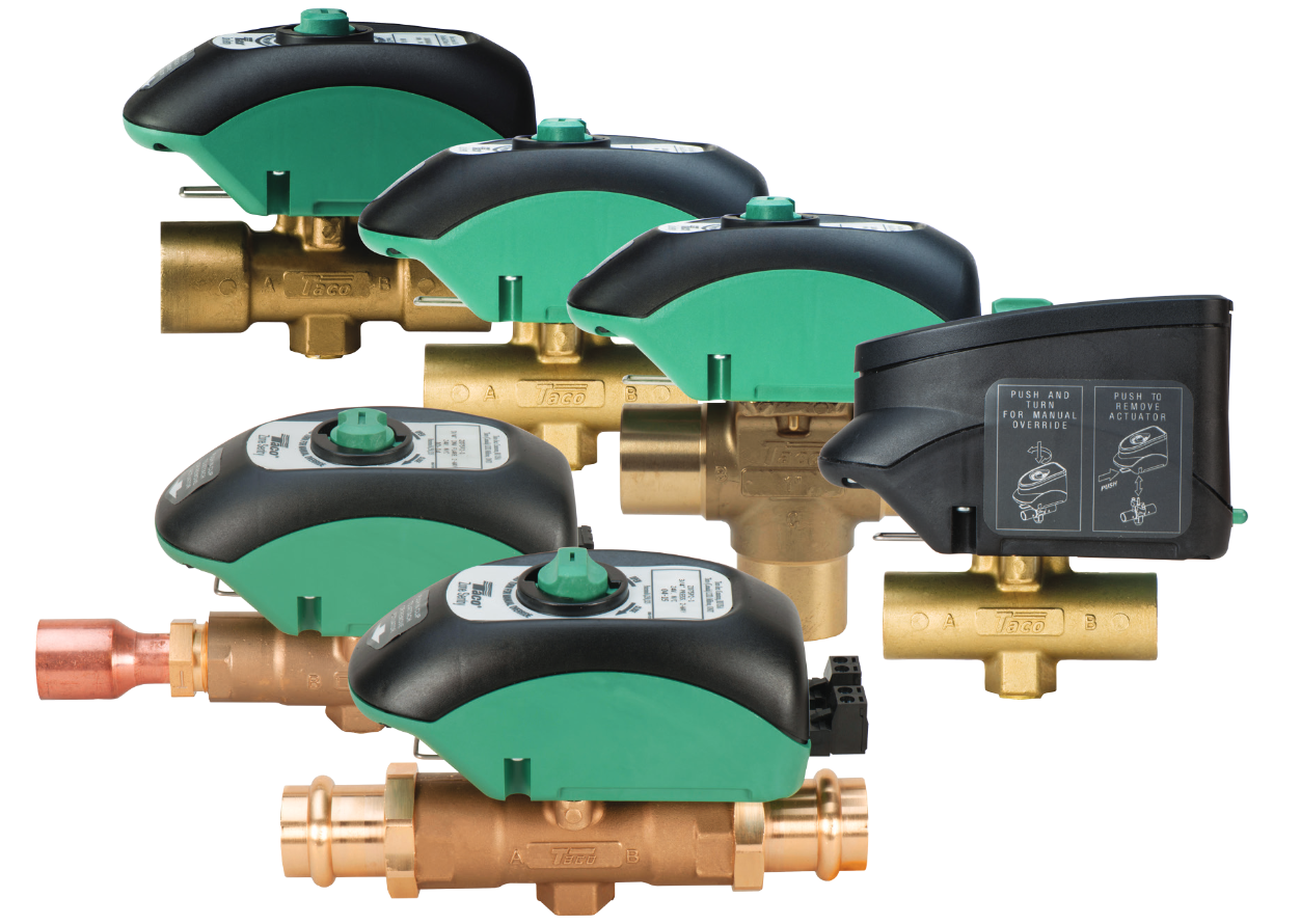 A photograph of a brass hydronic zone valve with an electric actuator mounted on copper piping near a boiler