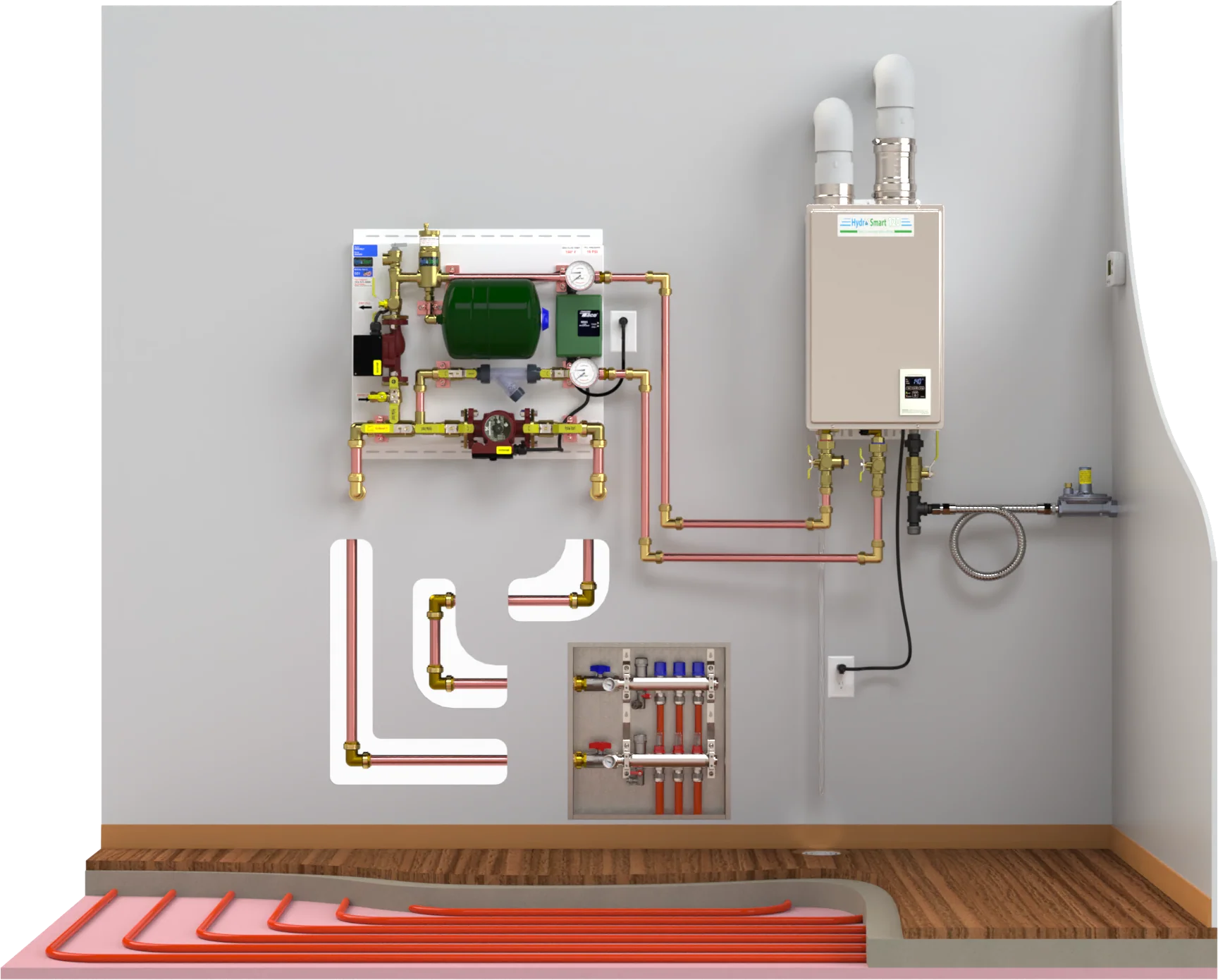 A photograph of a hydronic boiler zone control panel mounted on a basement wall with multiple thermostat wires entering the bottom