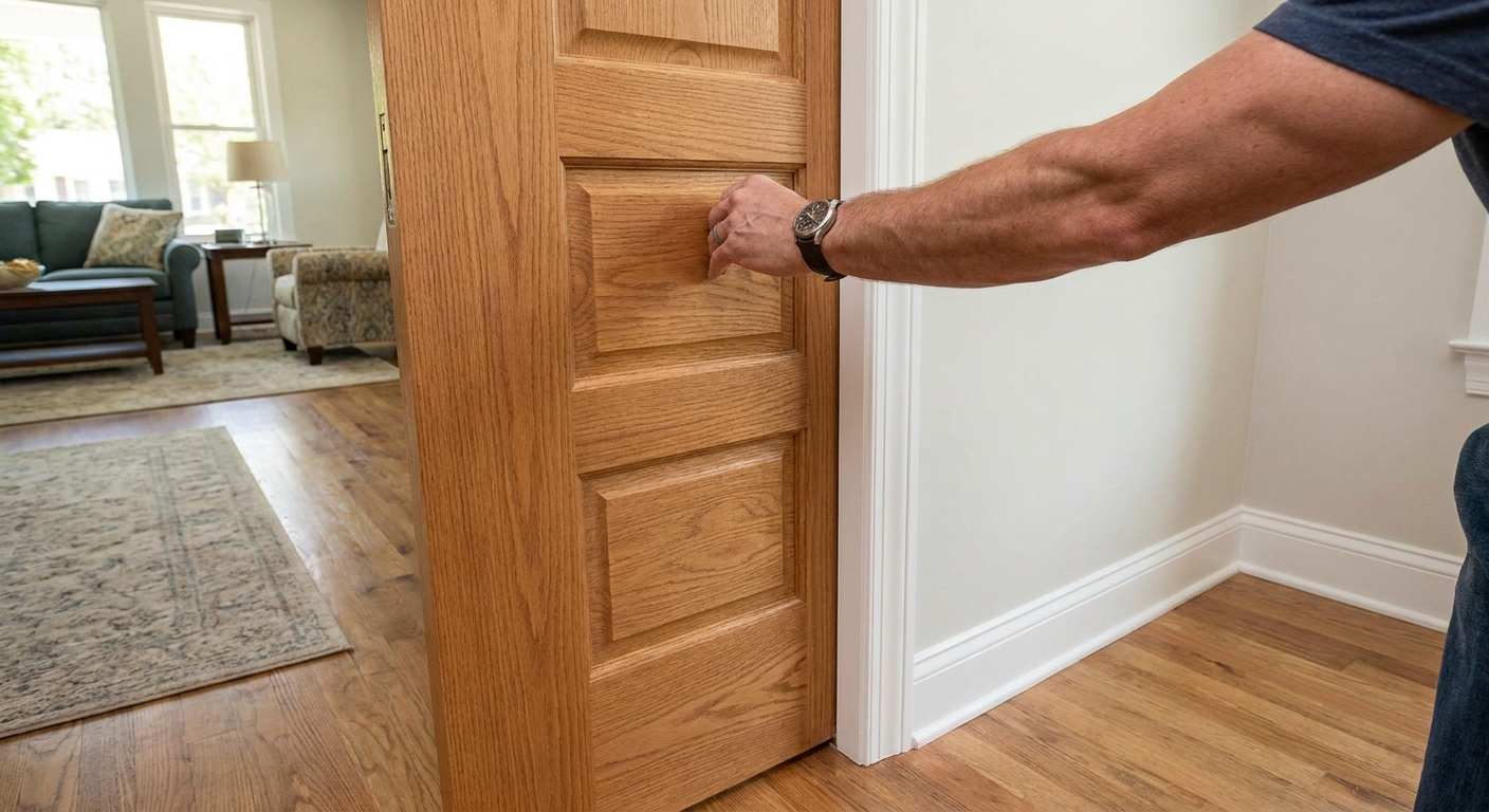 A photograph of a pocket door being slid smoothly into the wall pocket by hand in a finished home interior, with the door aligned evenly in the opening