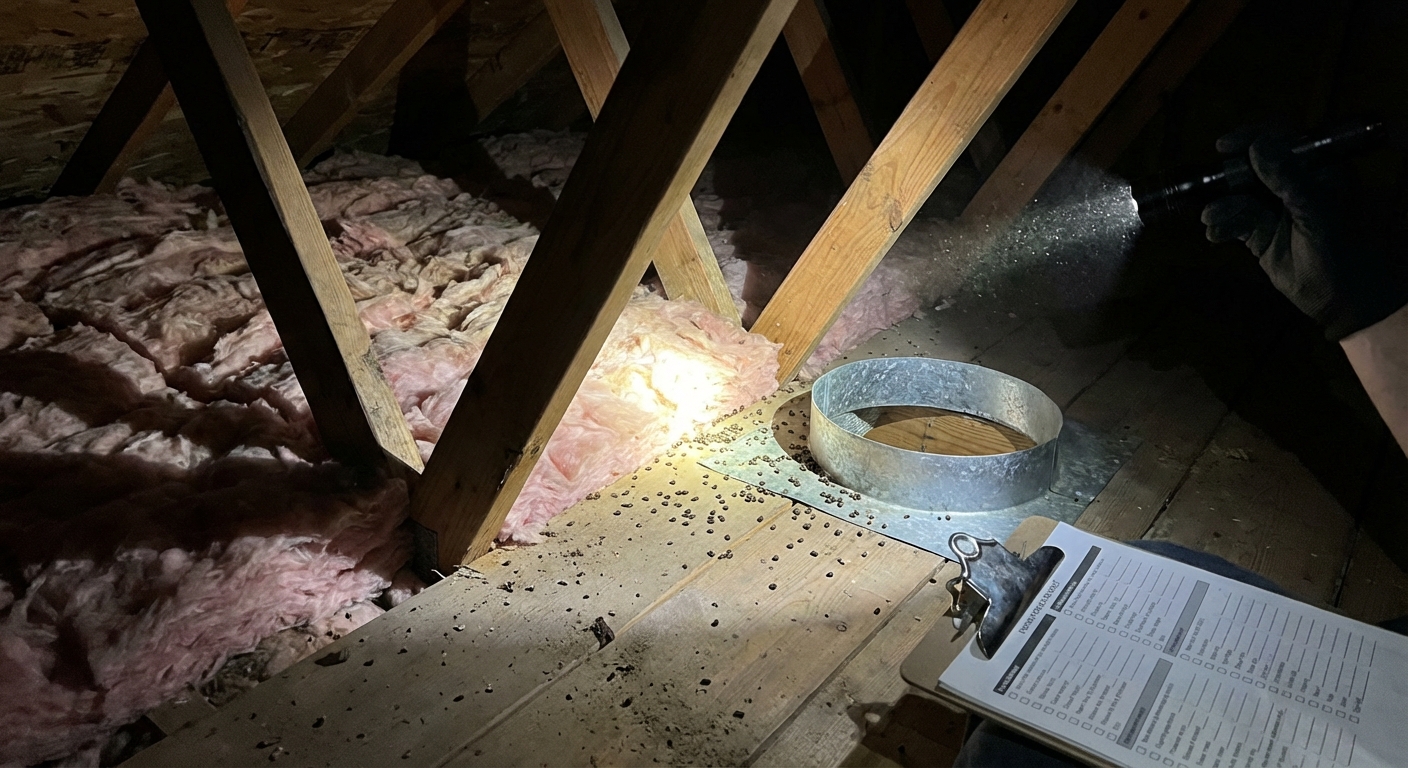 A photorealistic attic scene with a flashlight illuminating a rafter line and insulation, showing small dark droppings near a roof vent opening, unfinished wood framing, and a cautious home inspection feel