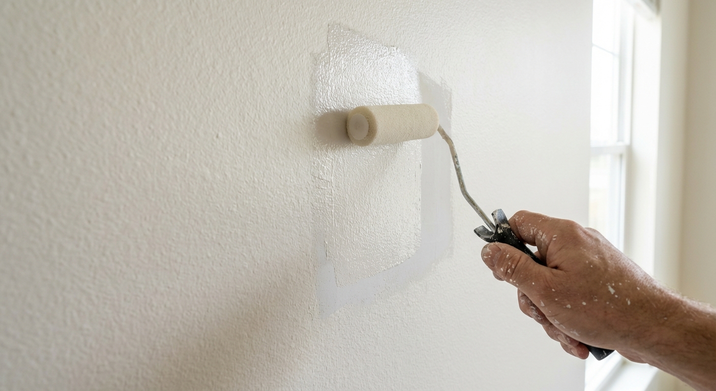 A photorealistic close-up of a hand using a small foam mini roller to touch up paint over a primed drywall patch, matching wall color, indoor lighting