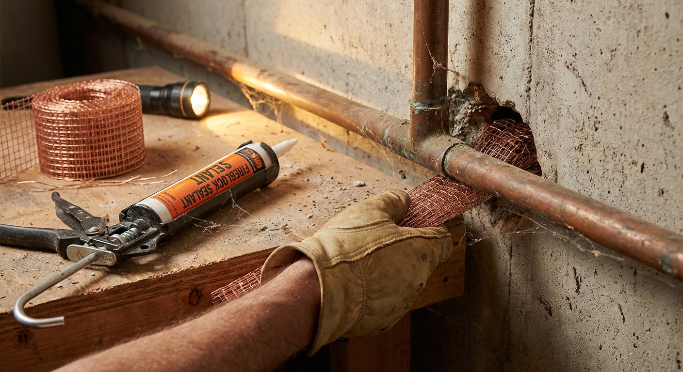 A photorealistic close-up of a homeowner gloved hands packing copper mesh into a gap around a pipe penetration in a basement wall, with a tube of sealant nearby, workshop lighting