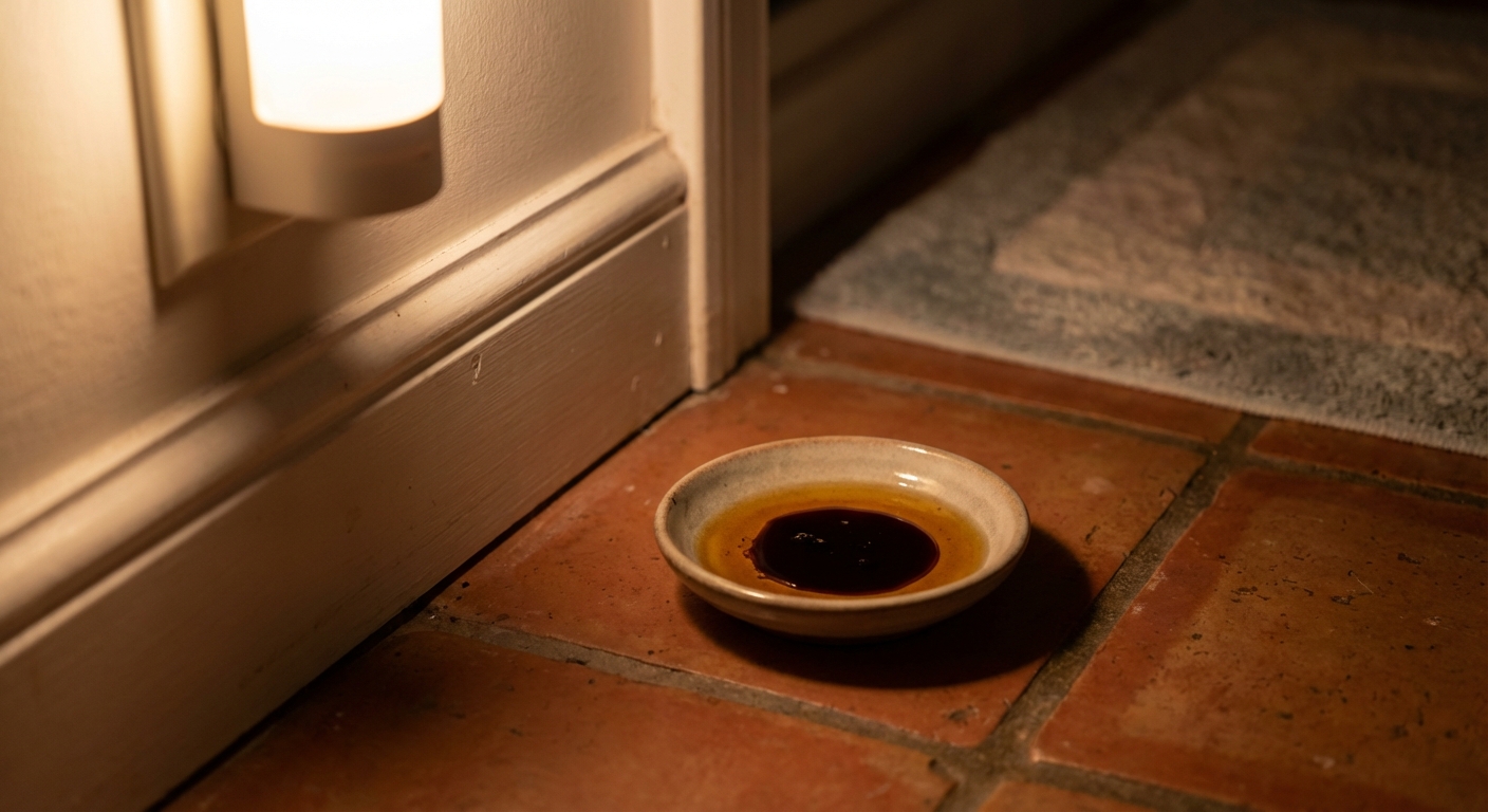 A photorealistic close-up of a small shallow dish on a tile floor near a bathroom baseboard containing soy sauce and vegetable oil, nighttime indoor lighting, realistic home setting