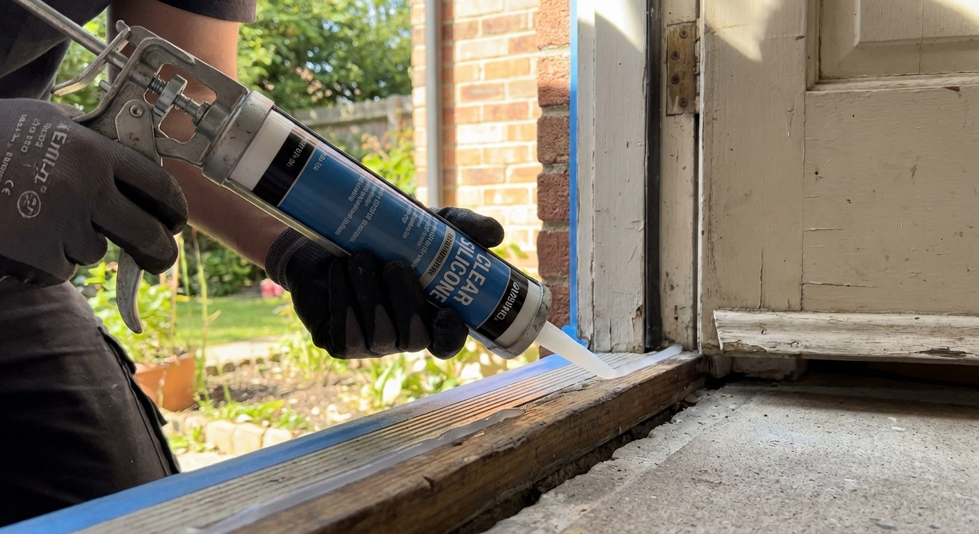 A photorealistic close-up of hands applying clear silicone caulk along the gap at an exterior door threshold, with a caulk gun and a clean bead forming, daylight, realistic home maintenance scene