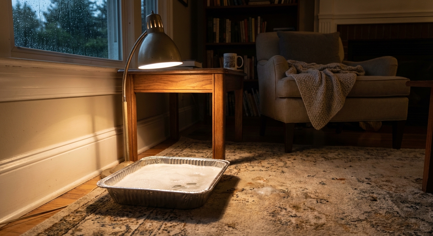 A photorealistic indoor evening scene showing a desk lamp shining down onto a shallow aluminum pan on the floor filled with soapy water near a baseboard and window, cozy home setting