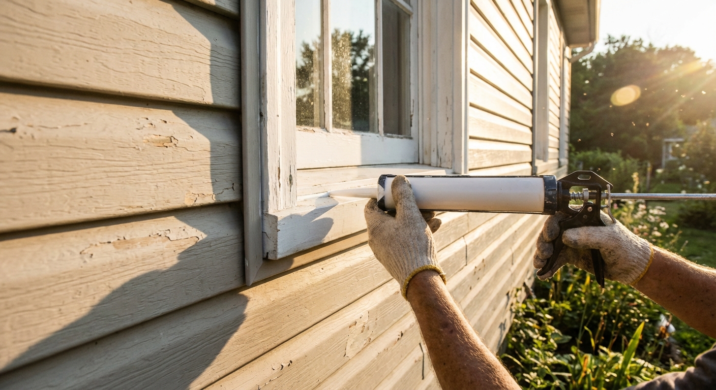 A photorealistic outdoor photo of a homeowner's hands applying a smooth bead of white exterior caulk along the seam of a window frame on beige siding, late afternoon light