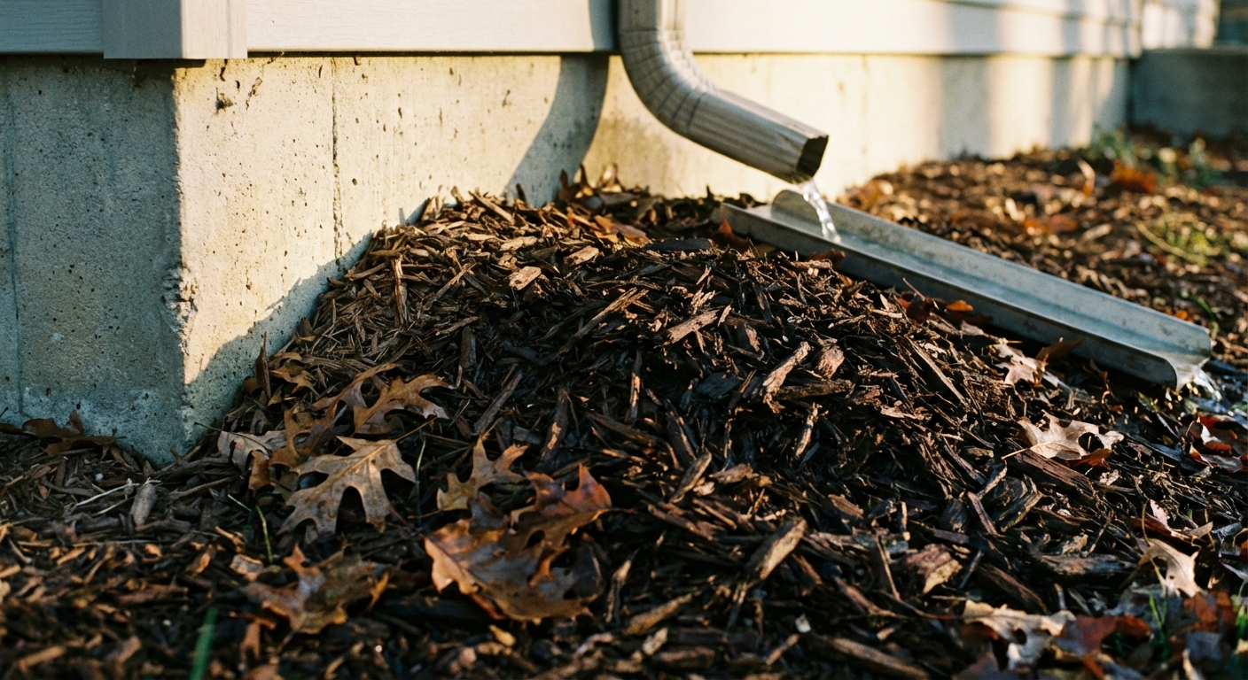 A photorealistic outdoor scene showing mulch piled up against a home foundation with damp leaves and a downspout nearby, late afternoon light, shallow depth of field