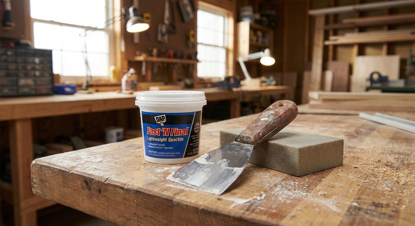 A photorealistic tabletop photo of a small tub of lightweight spackle next to a 3 inch putty knife and a fine sanding sponge on a workbench, indoor workshop lighting