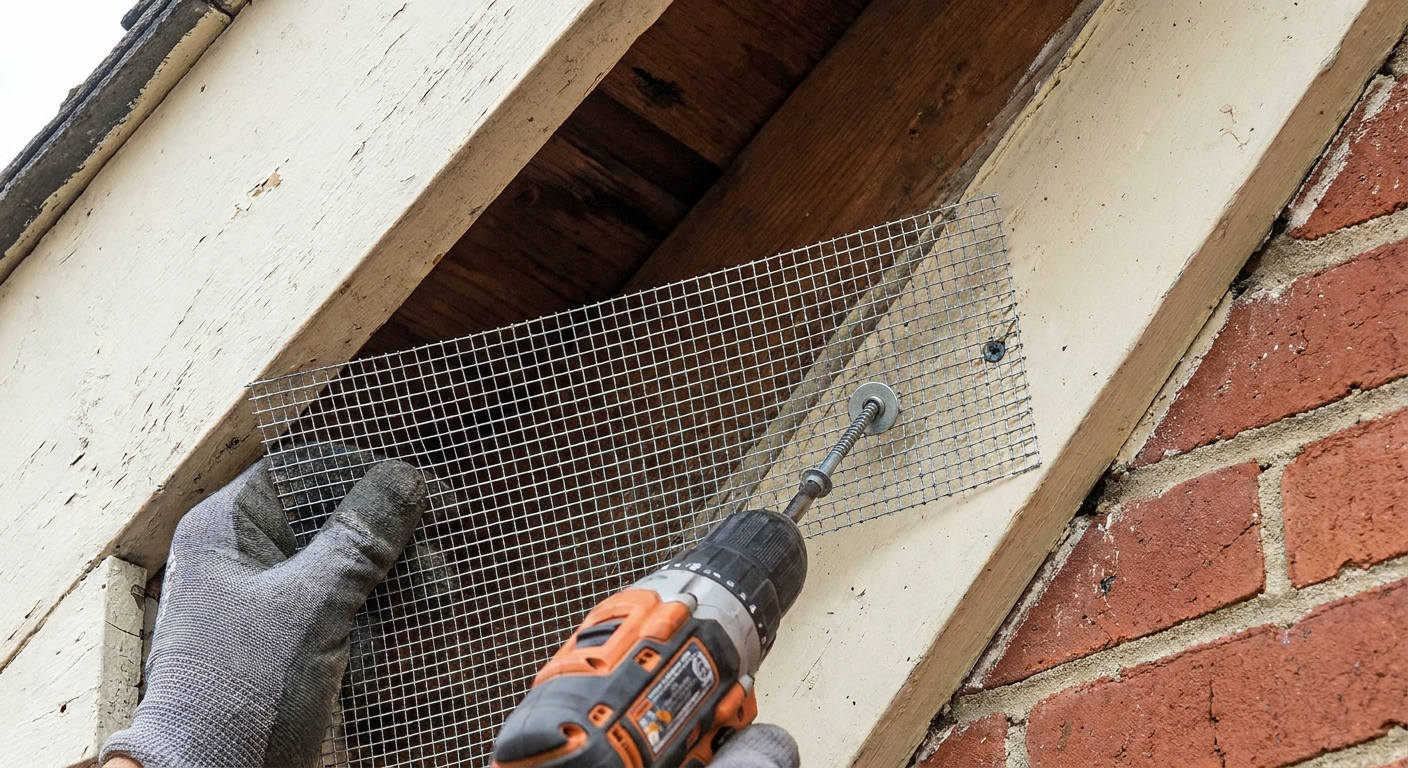 A piece of galvanized hardware cloth being fastened over a roof eave opening with exterior screws and washers