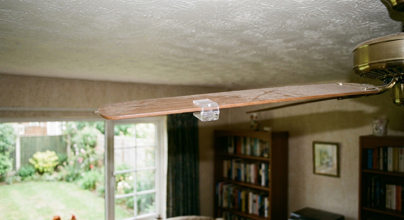 A plastic balancing clip attached to the edge of a ceiling fan blade while the fan is off, photographed indoors