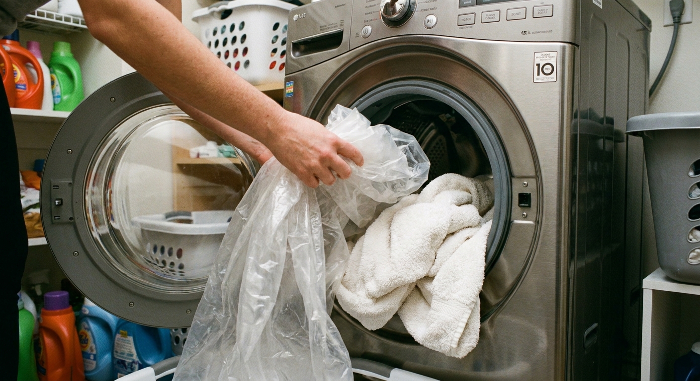 A plastic shower liner and two white towels being placed into a front-load washing machine, close-up photo in a laundry room